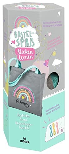 moses. Bastelspaß - Sticken lernen, Stick-Set mit bebilderter Stickanleitung, Bastelset für Kinder ab 8 Jahren, Mit Baumwolltasche zum Besticken