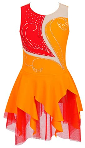 TTAO Gymnastikanzug Kinder Mädchen Ärmellos Eiskunstlauf Kleid Ballettkleid Turnanzug Ballettröckchen Kleid Trikotanzug Training Gymnastikbody Orange 170-176