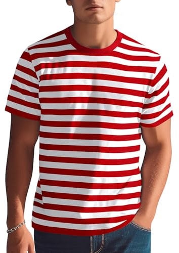 Zengjo Striped T Shirts for Men Short Sleeve (Red&White WD,L)