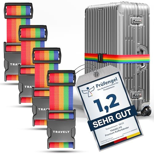 Travely® Lot de 4 sangles de valise de qualité supérieure, particulièrement attrayante et sûre, avec 2 étiquettes à bagage, sangle de bagage idéale en croix, multicolore