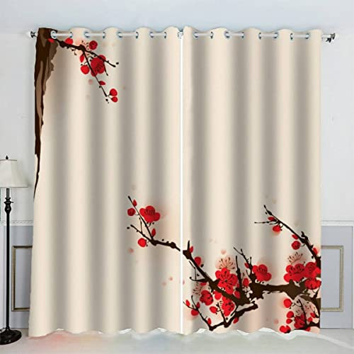 VASENA Vorhang Blume Pflaume Polyester Vorhänge mit Ösen 2er Set Gardinen Orientalischer Stil 3D Drucken Verdunkelungsvorhang für Wohnzimmer Schlafzimmer (234x137 cm)