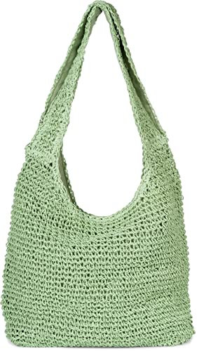 styleBREAKER Damen Papierstroh Beuteltasche mit langen Henkeln | sommerliche Flechttasche mit Reißverschluss | Strandtasche Schultertasche, Farbe:Lindgrün