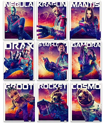 BigWigPrints Guardians of the Galaxy Vol. 3 Charakter-Poster, Set mit 10 Wandkunstdrucken – mit Star-Lord, Gamora, Drax, Rocket, Groot, Nebula, Mantis, Kraglin und Cosmo (je 20 x 25 cm)