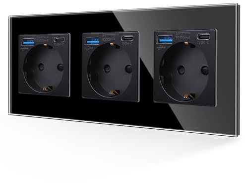 JIMEIDA Steckdose mit USB 20W Schnelles Laden Schwarz, 3 Fach 16Amp Glas Schuko Steckdosen mit USB Anschluss und Typ C Port, 228 * 86mm, 250V