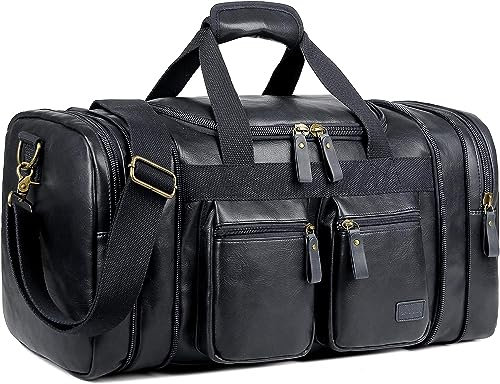 BAOSHA Bolso de viaje de cuero Duffel Weekender Bag equipaje de mano saco de dormir bolsa de deporte para hombres y mujeres HB-21, Negro , Los duffles