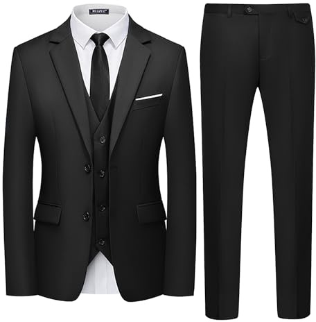 WULFUL Men's 3 Piece Slim Fit Suit Set Two Button Blazer Jacket Vest Pants Tuxedo Set for Party, Wedding and Business Black