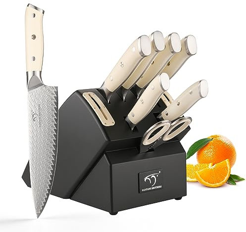 NANFANG BROTHERS Chef Knife Set 10 PCS Damascus Kitchen Knife Set with Block, ,VG 10-core Steel ABS Ergonomic Handle for Chef Knife Set,Slicing & Cutting ,Disconnect-type Knife Block Set