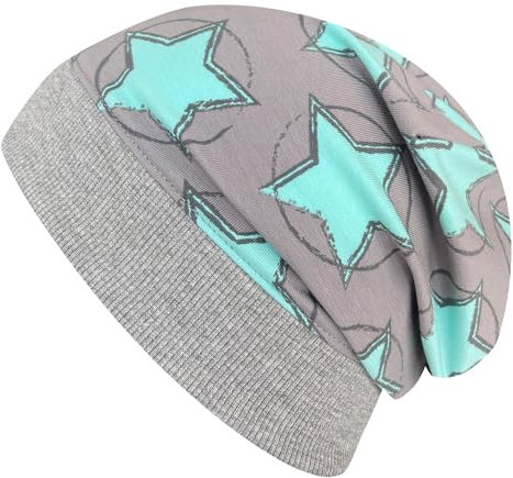 Wollhuhn ÖKO Leichte Mädchen/Jungen Beanie-Mütze Bündchen Elastisch Übergangszeit/Sommer Kinder-Mütze Baumwolle (Öko-Stoffe, Bio) 22222235 (Circle Stars Grau/Mint, M)