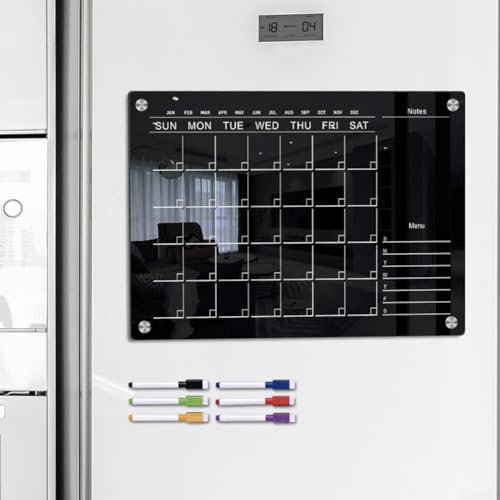 Acrylic Magnetic Calendar for Fridge, Black Weekly/Monthly Planner Whiteboard Meal Planner Board with 6Pcs Marker Pens( for A4)