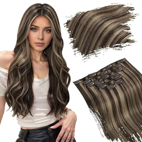 Ugeat Clip in Extensions Echthaar Gesträhnt 50 cm Braun Blond Remy Extensions Echthaar Clip Dunkelbraun Highlight Karamellblond Glatt Haar 7 Stück 120g P4/27