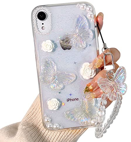 NITITOP Compatible with iPhone XR Case Cute Clear 3D Butterfly with Flower Floral Pearl Glitter for Girls Women Soft TPU Shockproof Protective Cover Girly - iPhone XR
