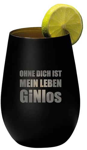 4youDesign Gin Tonic Glas mit lustigem Spruch Ohne dich ist mein Leben GINlos – Geschenk für Männer, Frauen – Tumbler-Party-Glas aus Kristallglas – sehr bruchsicher – Schwarz – 465ml