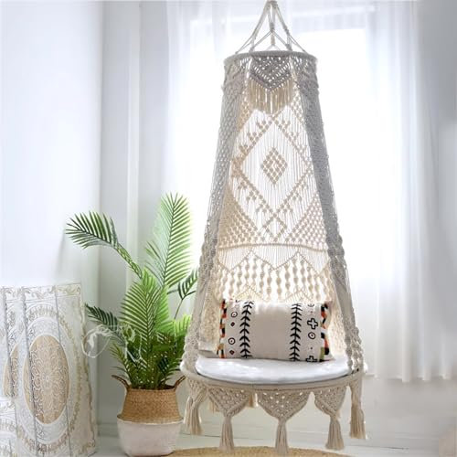 Hammock Chair Macrame Swing Handmade Knitted Hanging Swing Chair for Indoor/Outdoor Home Patio Deck Yard Garden Reading Leisure Lounging