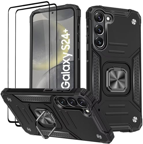 KANSi Funda para Samsung Galaxy S24 Plus / S25 Plus, Cristal Vidrio Templado [2 Piezas] Capa Anillo iman Soporte Hard PC y Silicona TPU Antigolpes Armor Carcasa - Negro