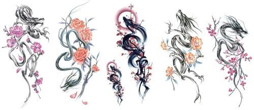 5 feuilles de tatouages temporaires Dragon Sakura Dragon Fleurs de cerisier Faux tatouages Sakura Dragon 5