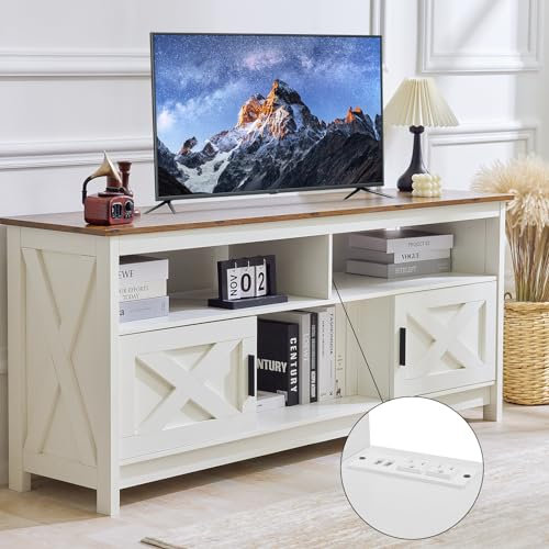 Mueble de TV para televisión de hasta 65 pulgadas, aparador con enchufes, tablero con armarios y estantes abiertos, estilo rústico, moderno para salón (marrón)
