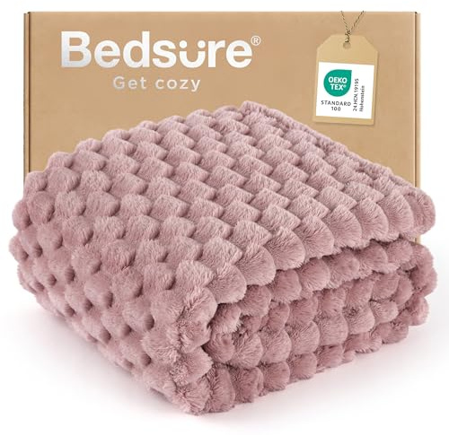 Bedsure Dusty Rose Throw Blanket for Couch - 350GSM Fluffy Plush Bubble Blanket for Bed Home Room Decor, GentleSoft Cute Fleece Soft Cozy Gifts for Women Girls, 50x60 Inches