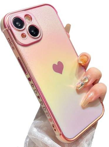 ZTOFERA Compatible with iPhone 13 (6.1) Case for Girls Women, Luxury Fluorescent Iridescent Matte Silicone Case with Cute Love Heart Pattern Plated Rim Shockproof Cover, Iridescent Pink