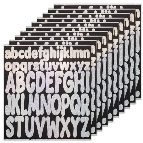 520stk Buchstabenaufkleber, 10 Blatt 2,5 cm 5 cm Klein und Großbuchstabenaufkleber Wasserdichte Vinyl-Buchstabenaufkleber für Scrapbooking Briefkasten Poster Basteln (Silber Glitzernd)