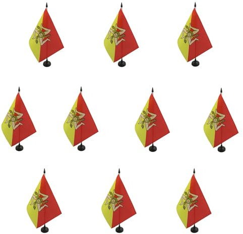 AZ FLAG - Lot de 10 Drapeau De Table Sicile 21x14 cm - 10 Petits Drapeaux Sicilien - Italie De Bureau 100% Polyester Avec Hampe De 25cm Et Socle En Plastique Noir