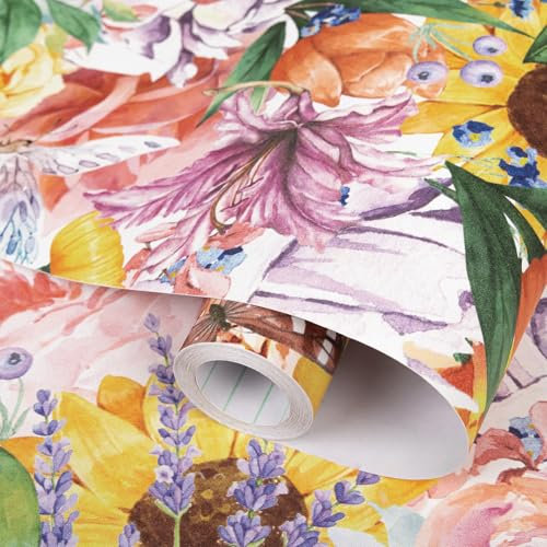 Hode Pink Self Adhesive Wallpaper 44cmX300cm, Sticky Back Plastic Patterned Furniture Sticker, Vinyl Wrap Film Roll for Cupboards Shelves, Pink and Flowers Peel and Stick Wallpaper