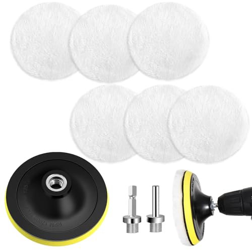 NVIYAM Polieraufsatz Winkelschleifer 125mm, 9tlg Wolle Polierpads Polierschwamm, Polierscheibe Bohrmaschine Polierpad, Wolle Polieraufsatz Bohrmaschine Auto, with 6 angle handle easily replaceable