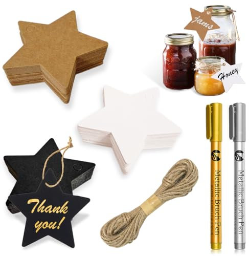 VOPIWOZ Geschenkanhänger Weihnachten, 120 Weihnachtsstern-Etiketten, Weiß-Braun-Schwarz-Kraftpapier-Etiketten mit 20m Rope 2 Metal Pen, perfekt für Marmeladendeckchen, Geschenktüten