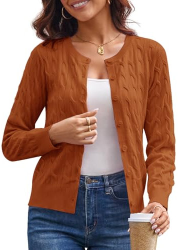 GRACE KARIN Women's Long Sleeve Button Up Cable Knit Cardigan Lightweight 2025 Crewneck Button Down Sweaters for Women, Orange Brown, M