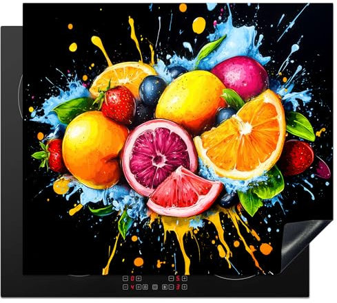 KitchenYeah© Herdabdeckplatte 60x52 cm Einteilig Abdeckplatten Cerankochfeld Abdeckung Ceranfeld Herdplattenabdeckung Induktionsmatte Obst - Graffiti - Farbenfroh - Orange - Erdbeere - Abstrakt