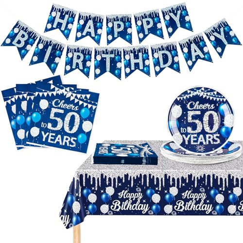 Yiran Cheers to 50th Years Party Tableware Decorations,Tableware Includes Navy Blue Silver Banner Napkins Paper Plates Table Cloth Cover for Men,Women,Him,Her 50th Birthday Party Celebration Supplies