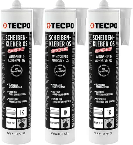 TECPO 3X Scheibenkleber Quickly-Safe, 290ml MS-Polymer primerlos mit Kleb- und Dichtstoff-Technologie Scheibenklebstoff - Elastisch witterungsbeständiger Klebstoff zum Verkleben und Abdichten