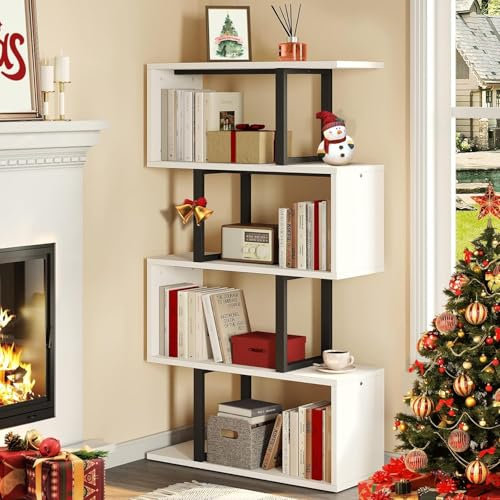 YITAHOME Bücherregal, Regal mit 5 Ebenen, S-förmiges Modernes Freistehendes Multifunktionales Dekoratives Aufbewahrungsregal, Standregal für Schlafzimmer, Wohnzimmer Büro, schwarz (Weiß&Schwarz)
