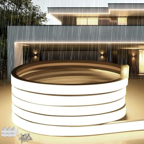 SUCIKORIO Neon LED Streifen 30m, Silikon Wasserdicht Feuerfest IP65 Led Strip Naturweiss 4000K 10mm Led-Lichterkette Außen 230V Flexibler Lichtband Aussenbereich mit Netzteil für Haus, Party, Küche