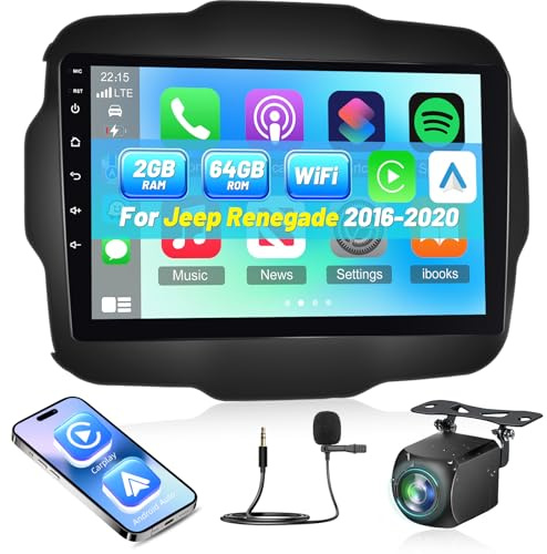[2G+64G] Android Autoradio für Jeep Renegade 2016-2020 mit Kabelloses Carplay und Android Auto, 9 Zoll HD Touchscreen Autoradio mit GPS/WiFi/Bluetooth/EQ/FM RDS