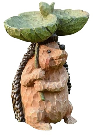Igelstatue Vogeltränke Garten Igel Figur aus Kunstharz mit Vogelfutterstation, Tierskulptur für Garten, Rasen, Terrasse, 15 x 10 x 21 cm