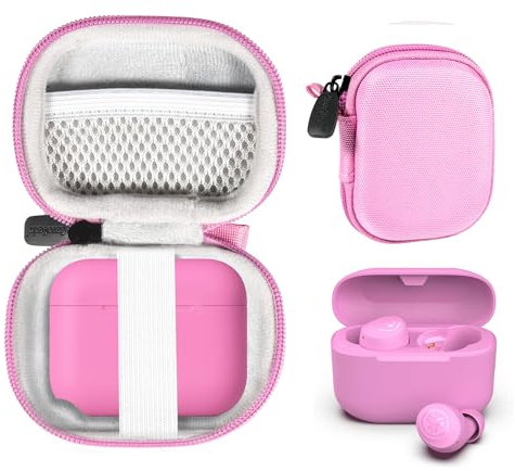 CaseSack Case for JLab Go Pop+,Go Air Pop, Air, Air Tones+/ Tones, JBuds Mini True Wireless Earbuds, Compact Organizer for The Charger case and Charger Cord (Cotton Candy Pink)
