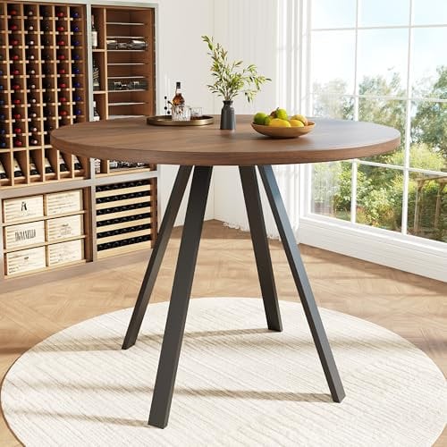 Table à Manger Ronde pour 4 Personnes, Cadre en métal Unique, Tables de Cuisine Moderne, pour Salle à Manger, Salon, Restaurant, Table Basse, Bureau en Noyer Marron 80x80x75 cm