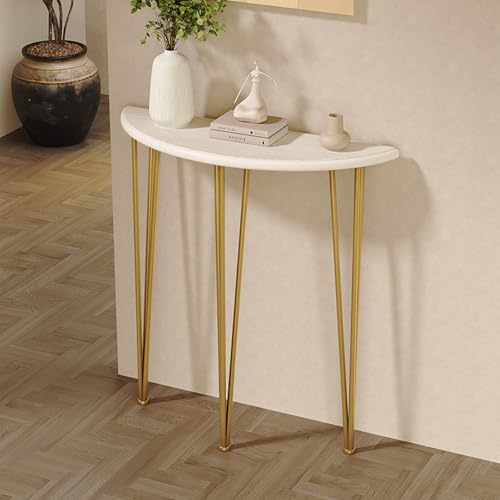 SEIFE Console Demi-Lune, Table de canapé décorative Semi-Circulaire, Table d'appoint étroite pour Salon, pour Couloir, Hall d'entrée(Gold+White,60CM/23.6in)