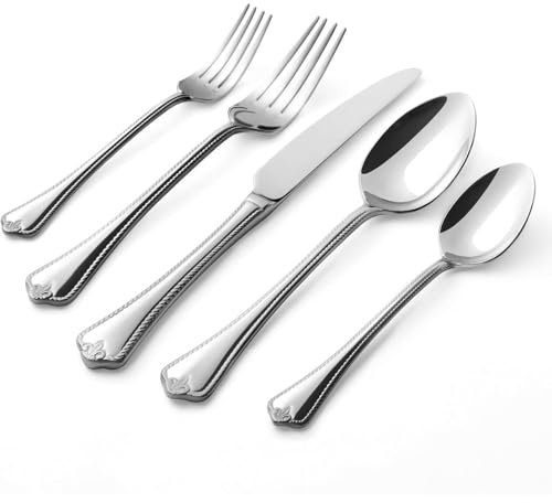 HIKAA 30-Teiliges Edelstahl Besteck Set 6 Personen, 18/10 Besteckset | Chippendale Essbesteck Spiegelpoliert, Spülmaschinenfest, Cutlery Set für Zuhause, Restaurant, Hochzeit, Party, (Silber)