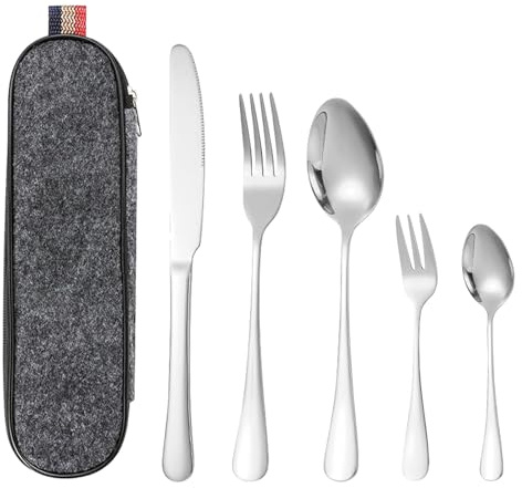5 Pcs Stainless Steel Travel Cutlery Set with Case for One Person | Mirror-Polished Knife, Fork And Spoon, Reusable, Portable And Dishwasher-Safe