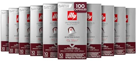 illy, Café en Capsules Compatibles INTENSO, 100 Capsules au Total | En Aluminium, 100% Arabica avec des Notes de Cacao et de Fruits Secs, Arrière-goût Corsé, 10 Paquets de 10