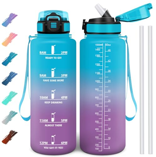 Motswedi Botella Agua 1500 ml, Botella Agua Gimnasio sin BPA con Marcador de Tiempo, Plastico Botella de Agua Deportiva Motivacional, con Pajita Azul & Lila