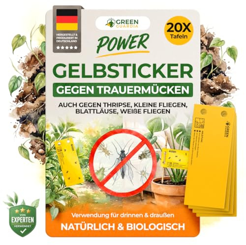 GREEN GUARDIA Gelbsticker 20 Stück gegen Trauermücken – Doppelseitige Gelbtafeln für Zimmerpflanzen & Blumenerde – Gegen Thripse, Weiße Fliegen & Fluginsekten (5 x 12,5 cm)