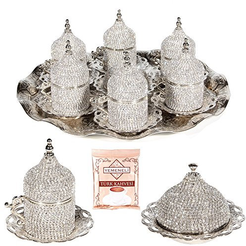 Set di 27 tazze da caffè turco con piattini, decorati in argento