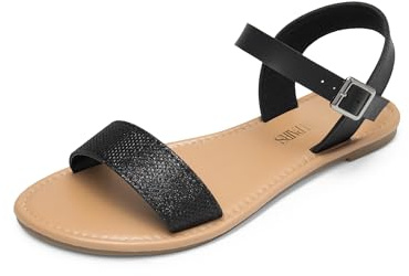 DREAM PAIRS Women's Open Toes Flat Sandals | TPR slip-resistant outsole, comfortable EVA insole, elastic adjustable ankle strap, multiple colors/designs