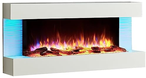 BALDERIA camino elettrico Helia | Caminetto elettrico da parete con effetto fiamma 3D | Riscaldamento elettrico 2000 W | Focolare sospeso a parete con telecomando, timer, termostato | Bianco