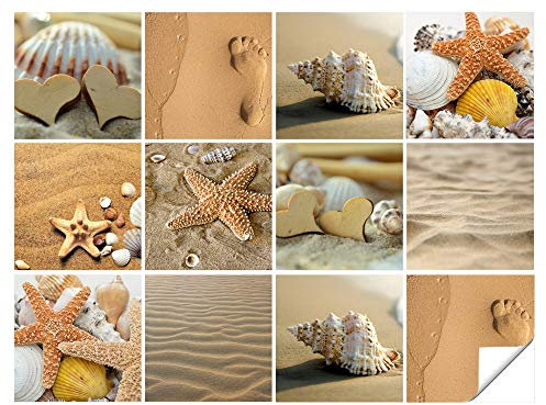 GRAZDesign Fliesenaufkleber Bad maritim Strand Braun Wandfliesen selbstklebend Klebefliesen - Strand mit Muscheln