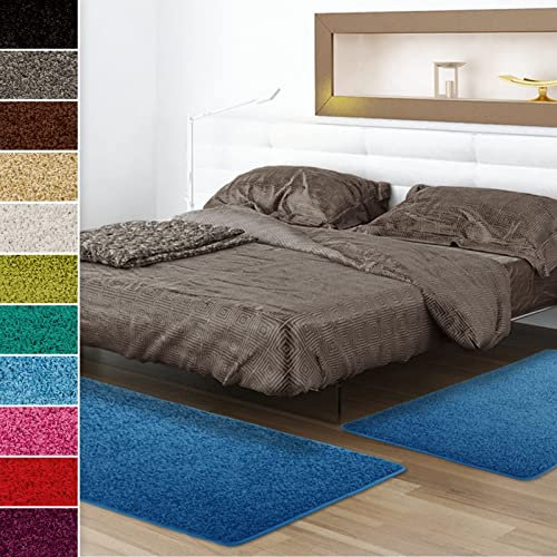 Shaggy-Bettumrandung Sphinx - 3-teiliges Läufer-Set für das Schlafzimmer - Hochflor Bettvorleger in vielen Farben (B: 67 cm | L: 1 x 240 cm + 2 x 140 cm, Hellblau)