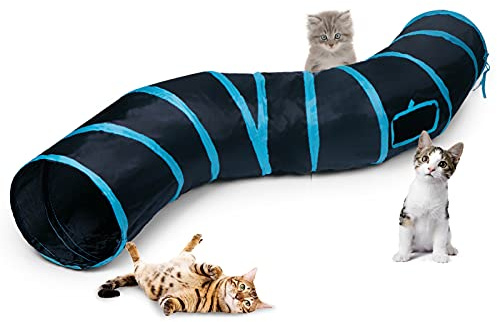 Sheldamy Cat Tunnel, S-2-Way Cat Tunnels for Indoor Cats, Collapsible Cat Play Tunnel, Interactive Toy Maze Cat House with 1 Play Ball for Cats, Puppy, Kitty, Kitten, Rabbit (Blue & Black)