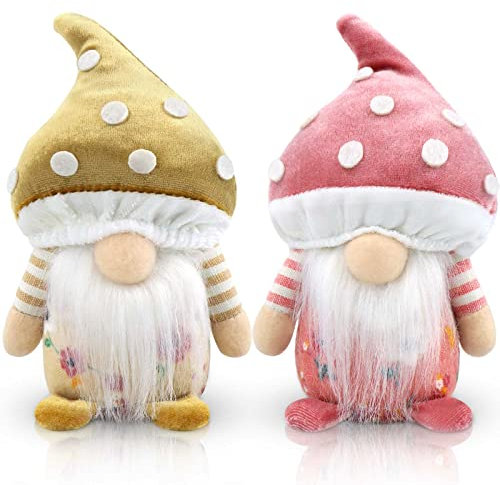 Godeufe 2er Set Pilze Wichtel Figuren Frühling Dekoration Handgemachte Skandinavisches Tomte für Party Bauernhaus Home Tischdekoration (braun und rosa)